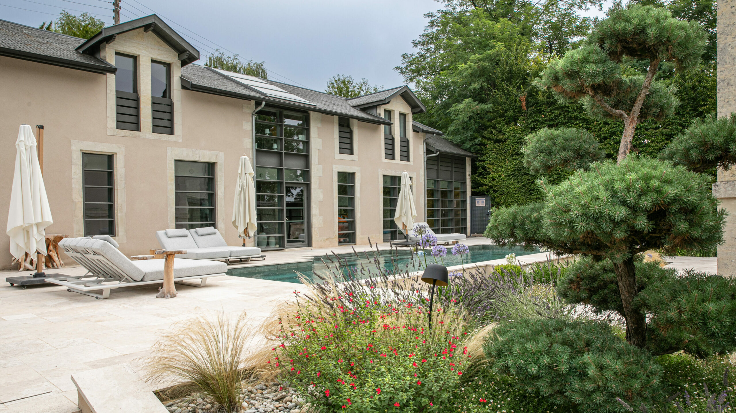 Aménagement piscine avec jardin paysager et pin nuage par Franck Serra en Dordogne