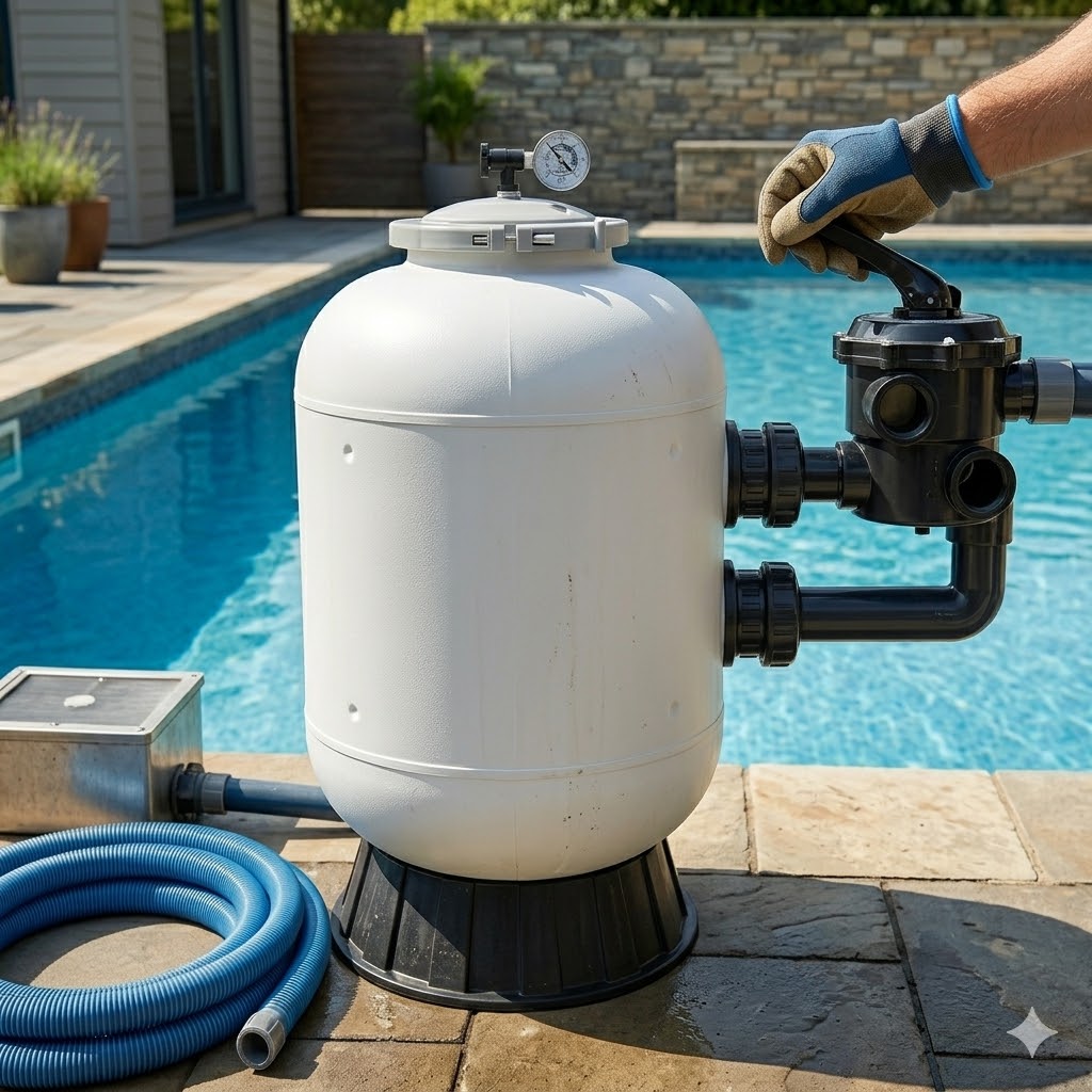 Entretien d’un filtre à sable de piscine avec nettoyage et manipulation de la vanne multivoies