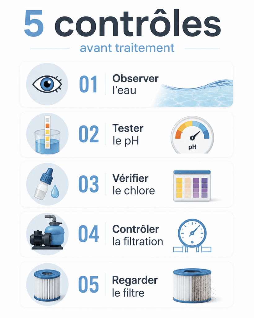 5 vérifications essentielles avant de traiter une eau de piscine verte