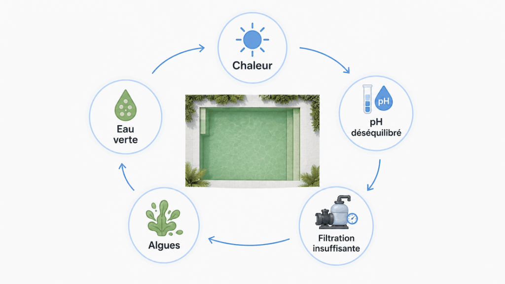 Schéma expliquant le cycle de formation d’une eau de piscine verte