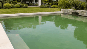 Piscine avec une eau verte causée par la prolifération d’algues