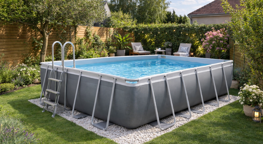 piscine hors sol rectangulaire dans un petit jardin