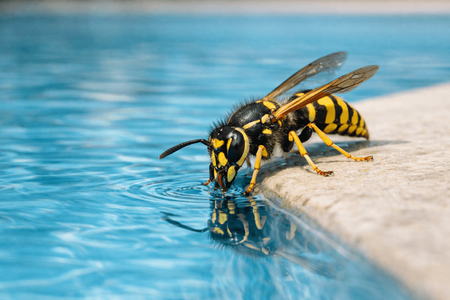 Guêpe qui boit l’eau au bord d’une piscine