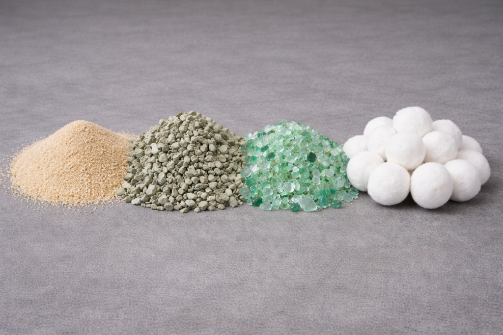 Différents médias filtrants pour piscine : sable, zéolite, verre filtrant et billes de filtration