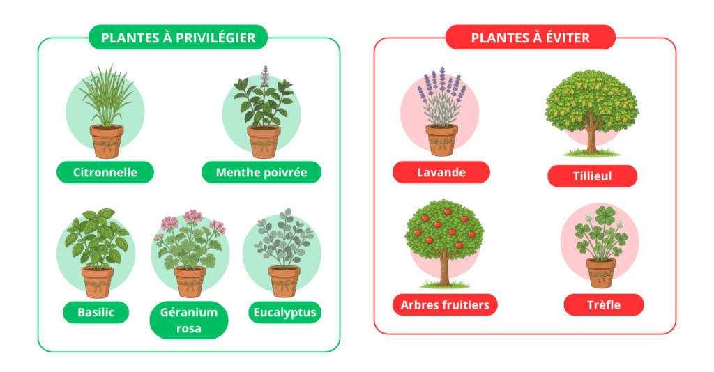 Infographie des plantes répulsives et attractives pour les guêpes autour d’une piscine