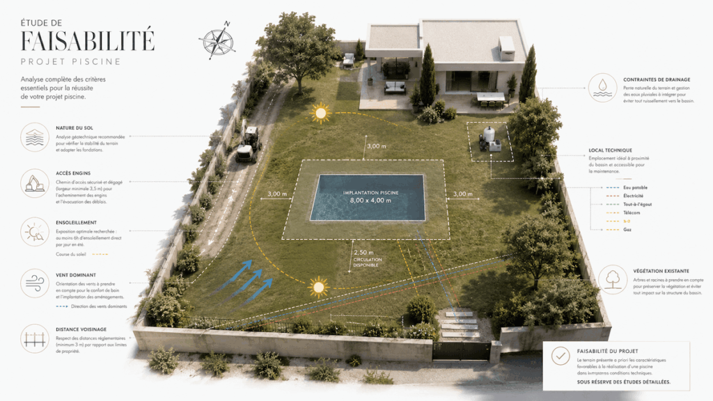 Infographie de faisabilité pour construire une piscine avec étude du terrain, accès chantier, ensoleillement, réseaux enterrés et implantation du bassin.