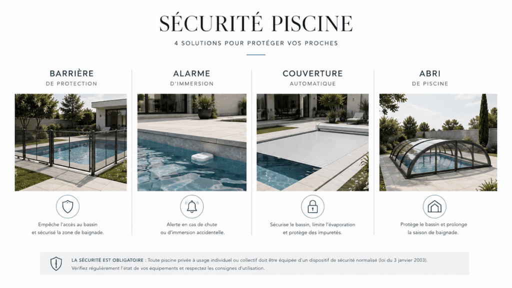 Infographie sur les équipements de sécurité obligatoires pour piscine enterrée : barrière, alarme, couverture et abri.