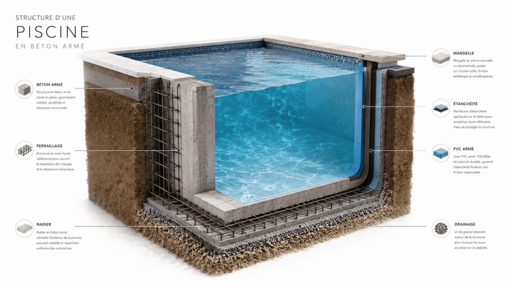 Coupe technique d’une piscine en béton armé avec ferraillage, étanchéité, drainage et revêtement PVC armé.
