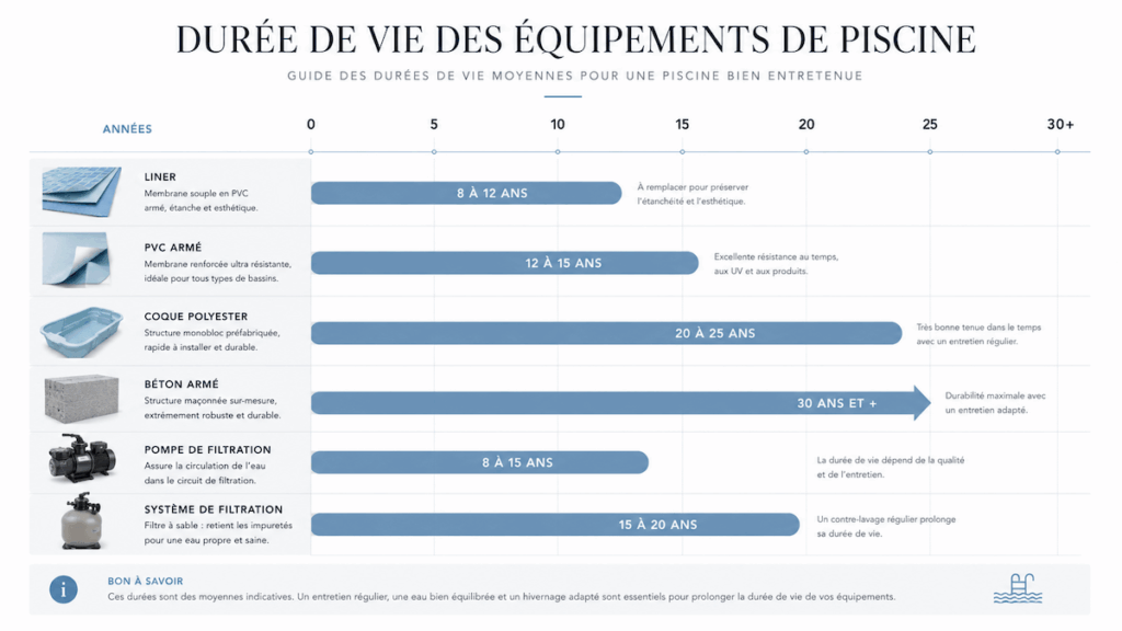 Frise chronologique sur la durée de vie des équipements de piscine : liner, PVC armé, coque polyester, béton armé et filtration.