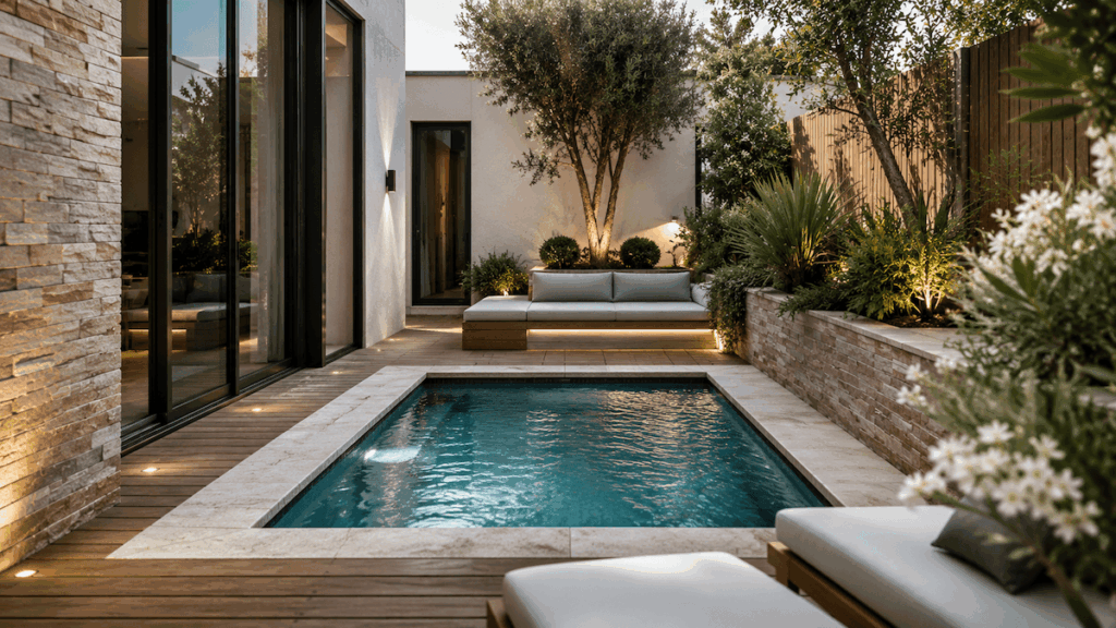 Mini piscine moderne installée dans un petit jardin contemporain avec terrasse bois et aménagement paysager.