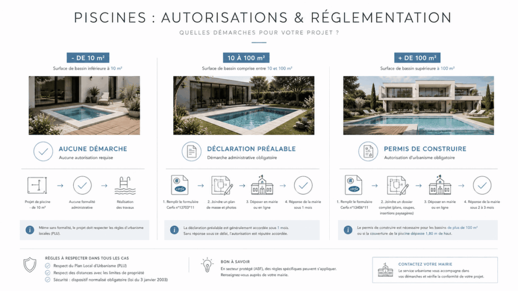 Infographie sur les démarches administratives pour construire une piscine selon la surface du bassin et la réglementation.