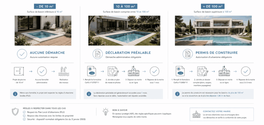 Infographie sur les démarches administratives pour construire une piscine selon la surface du bassin et la réglementation.