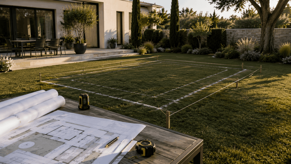 Plans et traçage au sol d’une future piscine dans un jardin avant le début des travaux de construction.