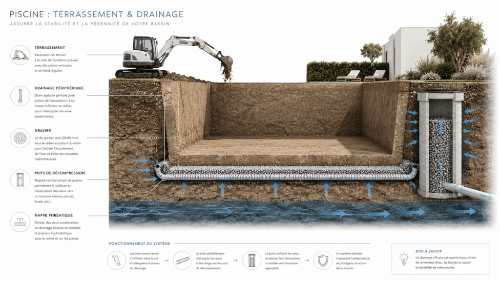 Schéma technique du terrassement et du drainage d’une piscine enterrée avec drain périphérique et puits de décompression.