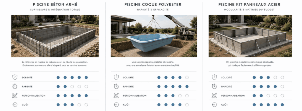Comparatif des techniques de construction de piscine : béton armé, coque polyester et panneaux acier.