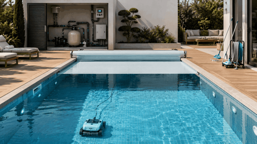 piscine avec robot nettoyeur et local technique visible.