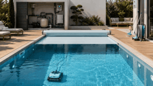 piscine avec robot nettoyeur et local technique visible.