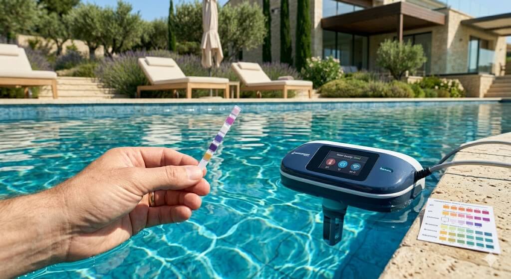 Analyse de l’eau de piscine avec bandelette de test pour contrôler le pH et le traitement de l’eau