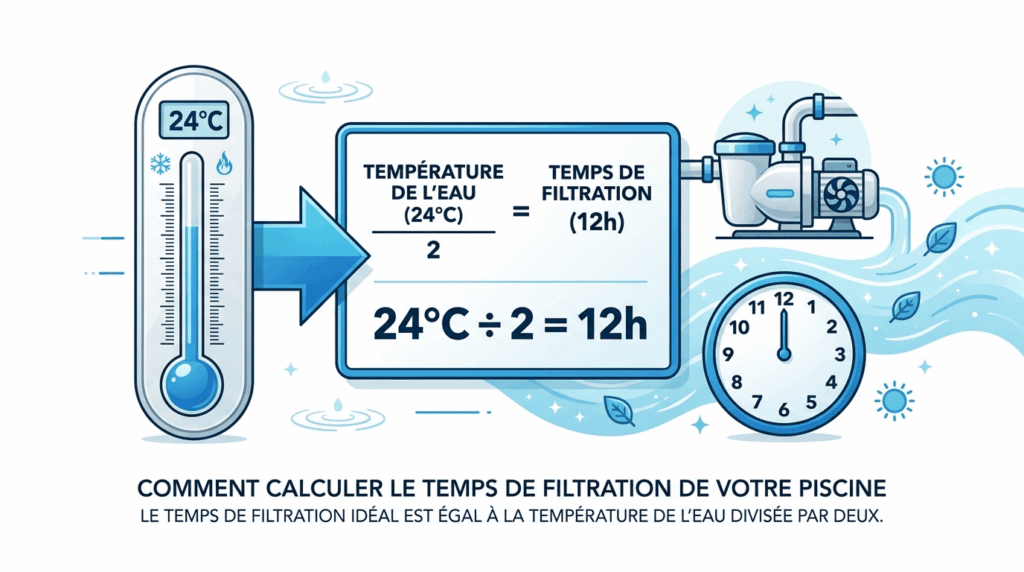 Méthode de calcul du temps de filtration d’une piscine selon la température de l’eau avec formule température divisée par deux