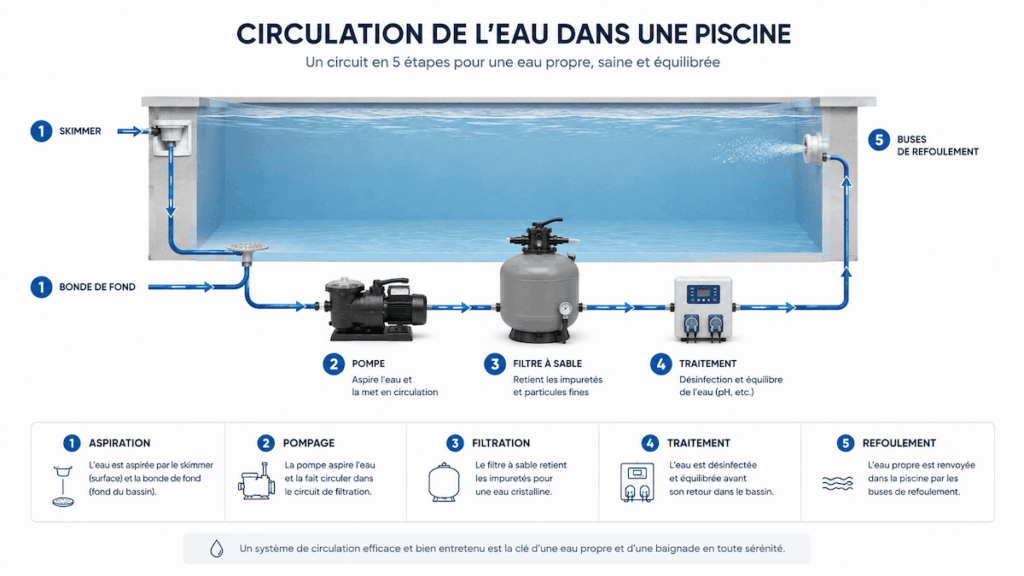Schéma de circulation de l’eau dans une piscine avec skimmer, pompe, filtre et buses de refoulement