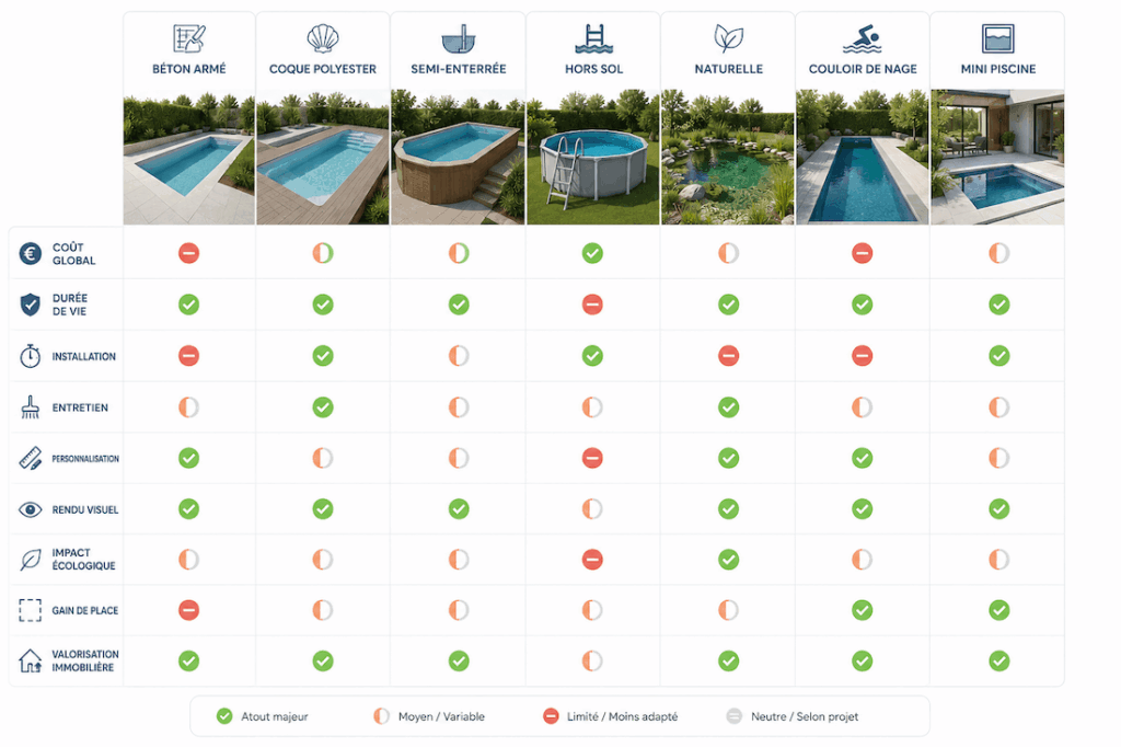 Tableau comparatif des différents types de piscines : béton armé, coque polyester, hors sol, naturelle, couloir de nage et mini piscine.