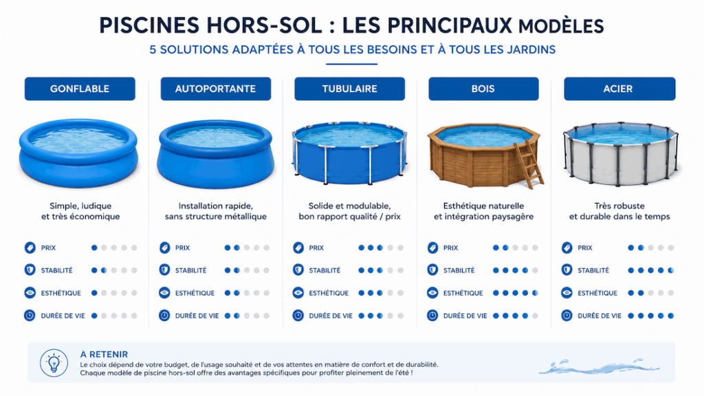 Infographie comparant les piscines hors-sol gonflables, autoportantes, tubulaires, bois et acier selon le prix et la durabilité.