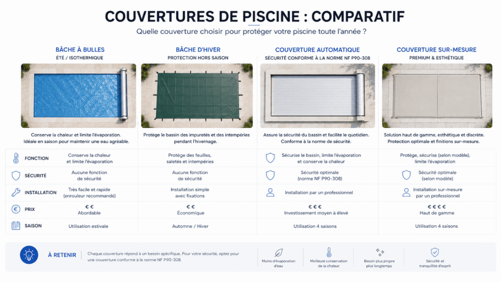 Comparatif des couvertures de piscine : bâche à bulles, bâche hiver et couverture automatique