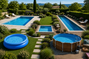 Comparatif visuel avec piscine enterrée, mini piscine, couloir de nage, piscine hors sol et piscine gonflable dans un jardin paysager.