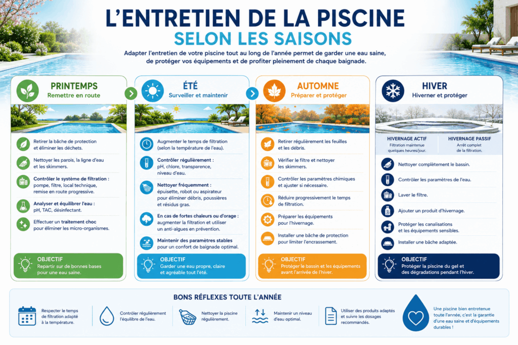 Guide d’entretien de piscine selon les saisons avec conseils pour le printemps, l’été, l’automne et l’hiver