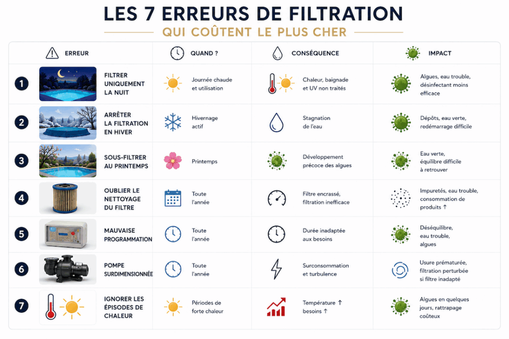 Infographie présentant les principales erreurs de filtration pouvant entraîner une eau verte, trouble ou déséquilibrée dans une piscine.