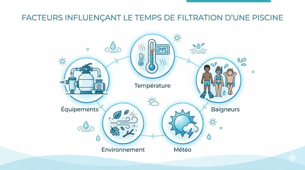Facteurs influençant le temps de filtration d’une piscine : température, météo, baigneurs, environnement et équipements