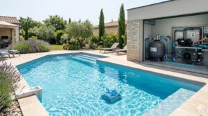Piscine moderne avec système de filtration visible dans le local technique comprenant pompe, filtre et circuit de circulation de l’eau