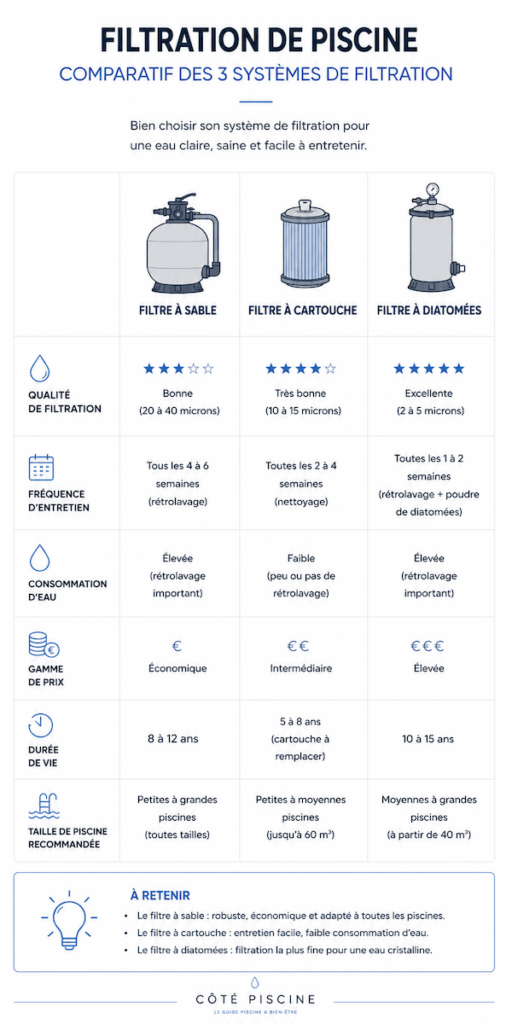 Comparatif des systèmes de filtration piscine : filtre à sable, cartouche et diatomées