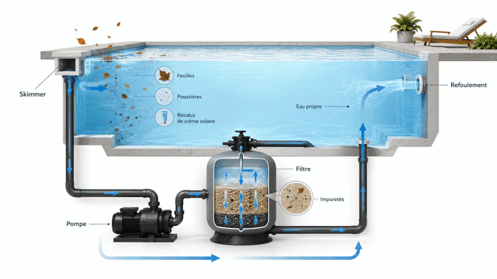 Schéma du circuit de filtration d’une piscine montrant le passage de l’eau du skimmer à la pompe, au filtre puis aux buses de refoulement.