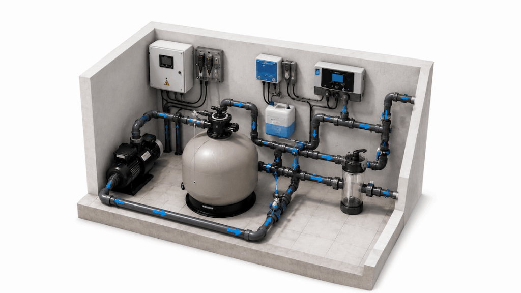 Local technique de piscine avec pompe de filtration, filtre à sable, électrolyseur au sel et réseau hydraulique en PVC.