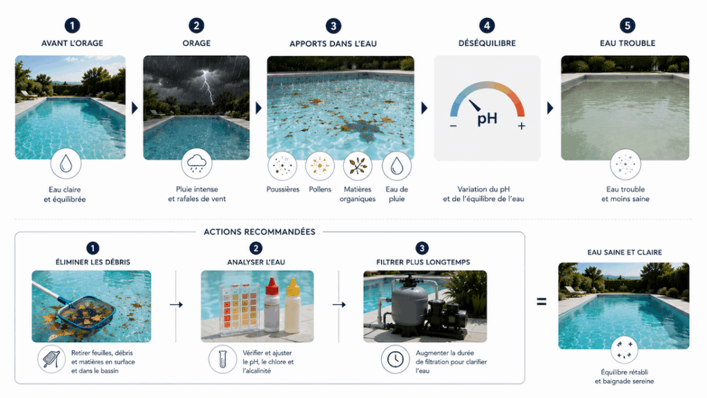 Schéma expliquant les conséquences d’un orage sur l’équilibre de l’eau d’une piscine et les actions à mettre en place après l’épisode pluvieux.
