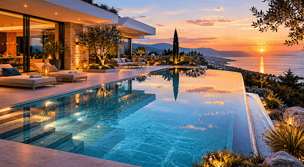 Piscine à débordement moderne avec vue panoramique au coucher du soleil dans une villa contemporaine de luxe.