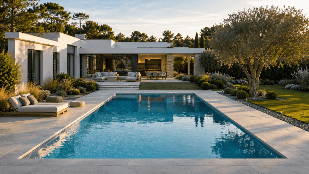 Piscine enterrée moderne intégrée dans un jardin contemporain avec terrasse et maison haut de gamme.