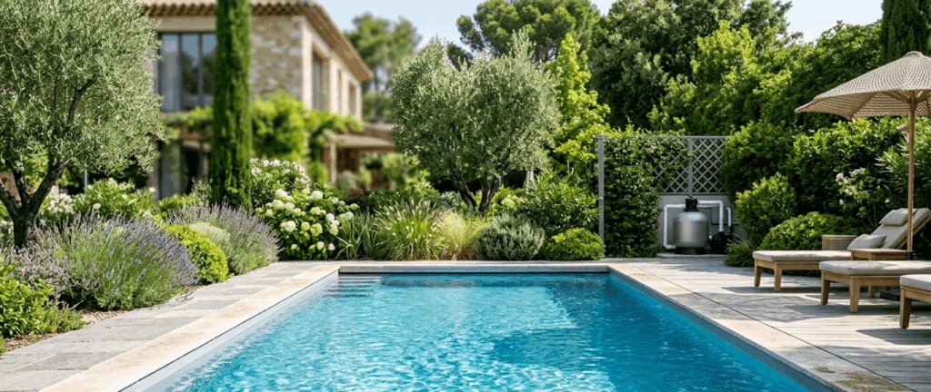 Piscine avec eau cristalline et système de filtration en fonctionnement dans un jardin moderne