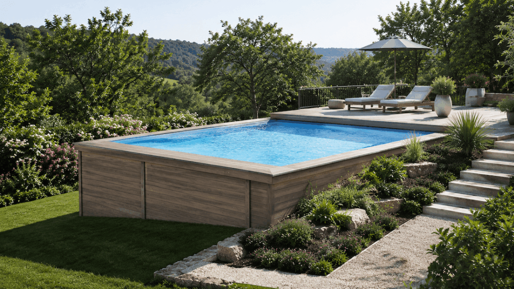 Piscine semi-enterrée en bois installée sur un terrain en pente avec aménagement paysager moderne.