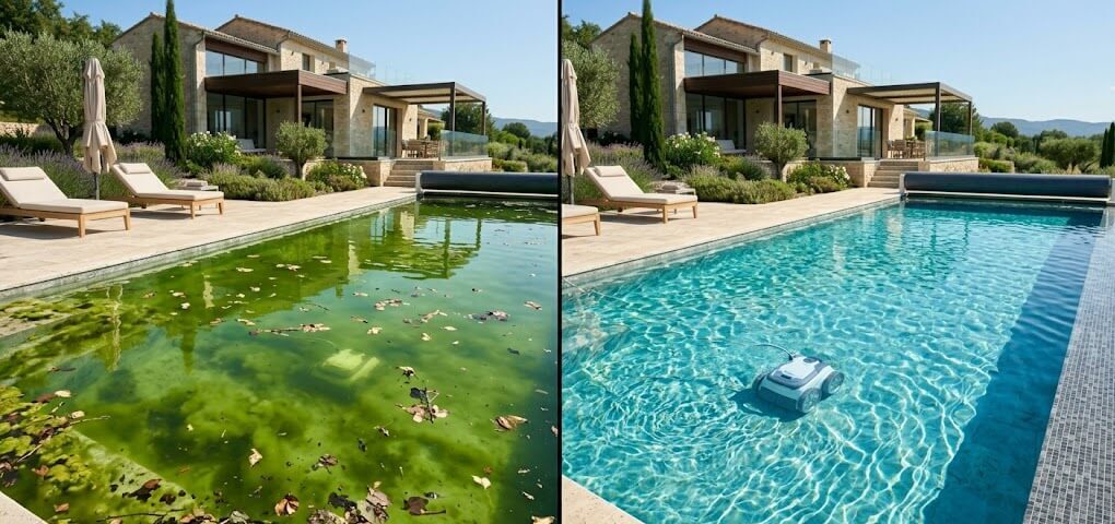 Comparaison entre une piscine verte avec des algues et une piscine propre entretenue avec une eau cristalline