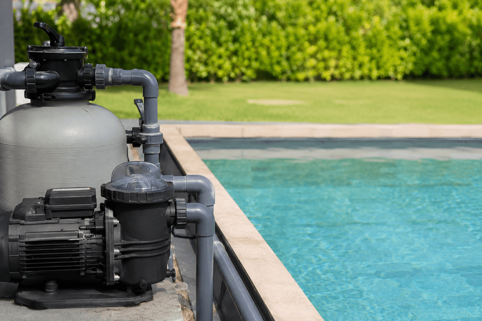 Pompe et filtre de piscine installés au bord d’un bassin pour assurer la filtration et la circulation de l’eau