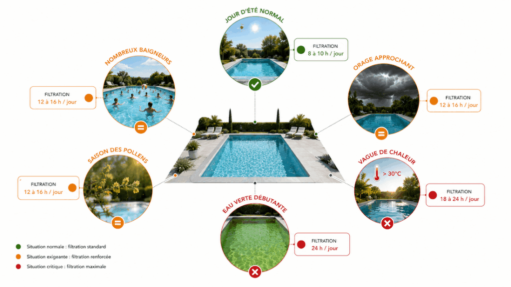 Infographie présentant les principales situations nécessitant d’augmenter le temps de filtration d’une piscine : canicule, orage, forte fréquentation ou eau verte.