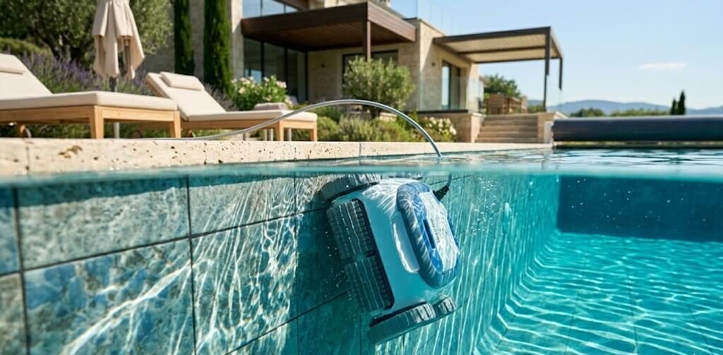 Robot nettoyeur automatique en train de nettoyer les parois d’une piscine moderne