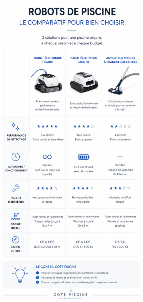 Comparatif des robots de piscine électriques et aspirateurs manuels pour le nettoyage du bassin
