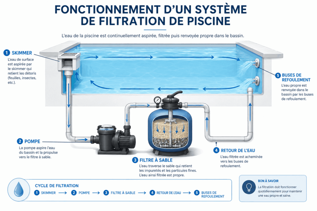 Schéma du fonctionnement d’un système de filtration de piscine avec skimmer, pompe, filtre à sable et buses de refoulement