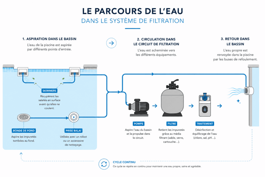 Schéma du parcours de l’eau dans un système de filtration de piscine avec skimmers, pompe, filtre et buses de refoulement