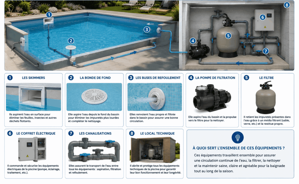 Schéma des équipements de filtration d’une piscine avec skimmers, pompe, filtre, buses de refoulement et local technique