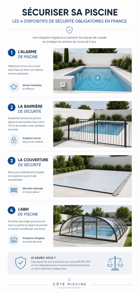 Dispositifs de sécurité pour piscine avec alarme, barrière, couverture et abri de piscine