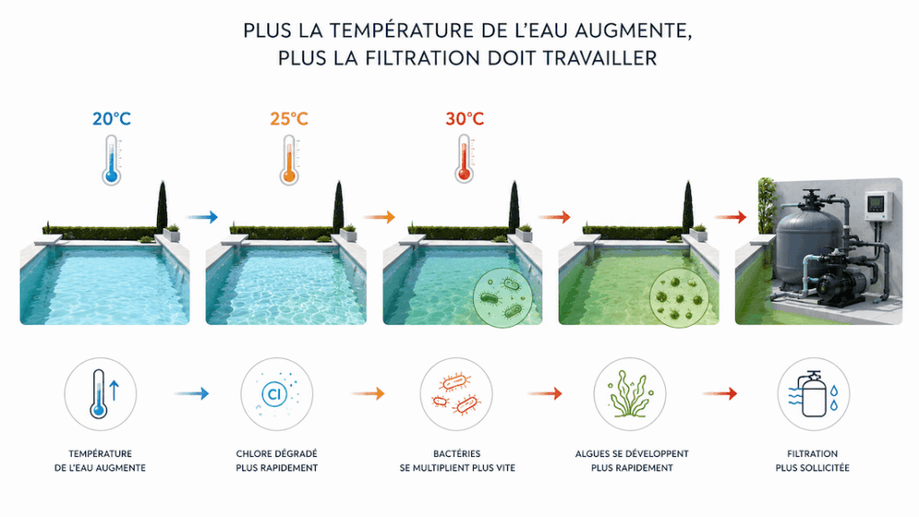 Schéma montrant l’impact de l’augmentation de la température de l’eau sur le développement des algues et les besoins de filtration d’une piscine.